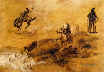 Indianer und Cowboy Werke - Bronco Busting 1889 Charles Marion Russell Indiana Cowboy
